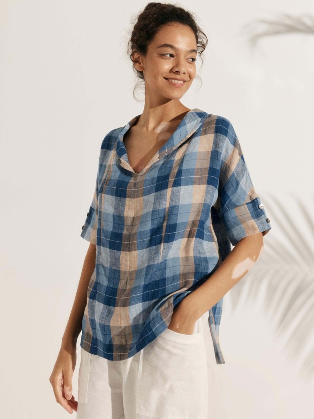 Relaxed Blue Plaid V-Neck Tunic Top